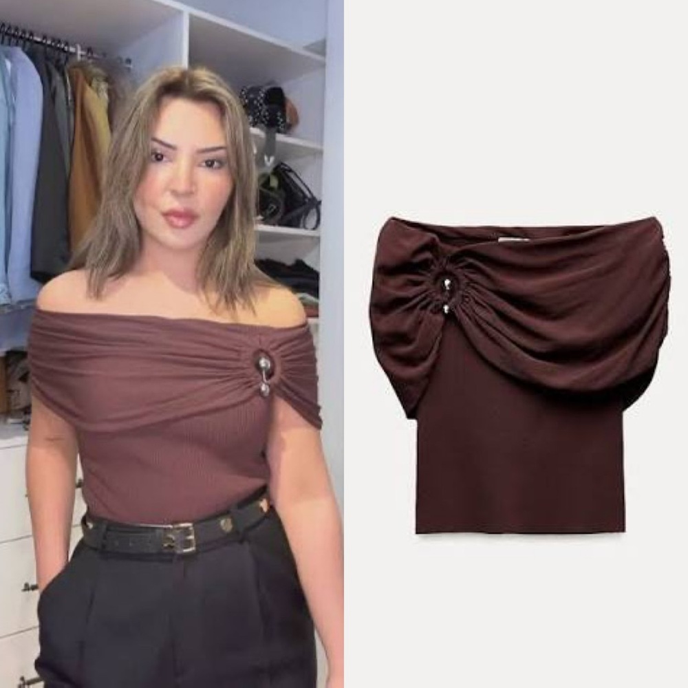 Zara Brown Knit Top Off the Shoulder with Metal Ring Detail Small NWT 3653/013